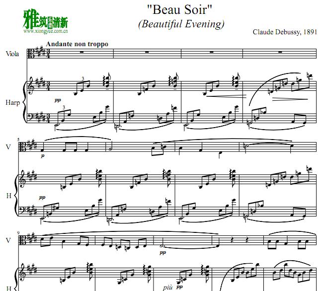 德彪西beau soir美丽的黄昏中提琴竖琴伴奏谱