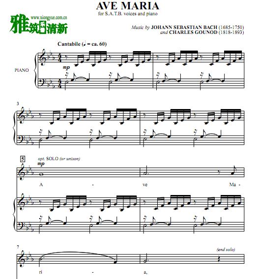巴赫 古诺版 Ave Maria 圣母颂合唱谱钢伴谱 SATB四声部