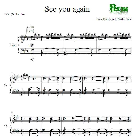 See you again 大提琴钢琴合奏谱 钢琴分谱