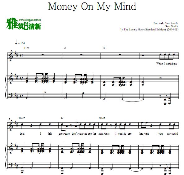 Sam Smith - Money On My Mind 弹唱钢琴谱 歌谱