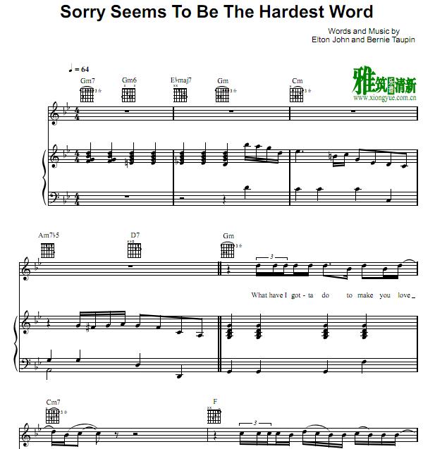 Sorry Seems To Be the Hardest Word钢琴伴奏谱