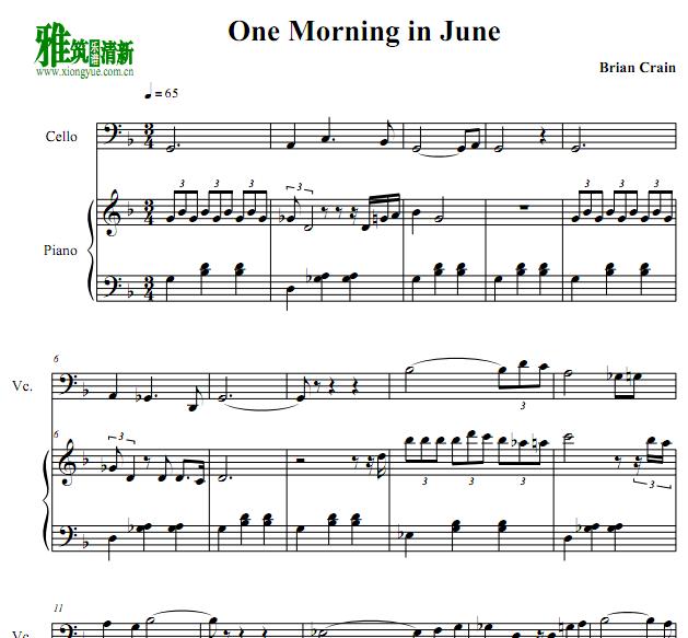 Brian Crain - One Morning in June大提琴钢琴重奏谱