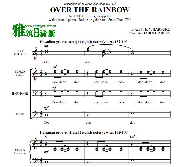绿野仙踪 Over The Rainbow 四声部TTBB合唱谱+钢琴伴奏谱