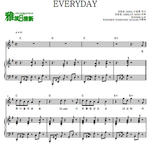 WINNER - EVERYDAY 原版歌谱 钢琴谱