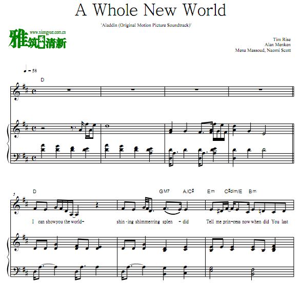 阿拉丁 Mena Massoud - A Whole New World 原版歌谱 钢琴谱