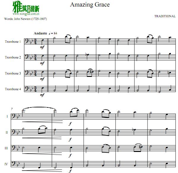 Amazing Grace 长号四重奏谱