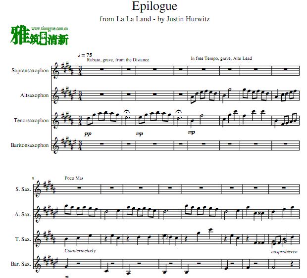 La La Land - Epilogue 萨克斯四重奏谱