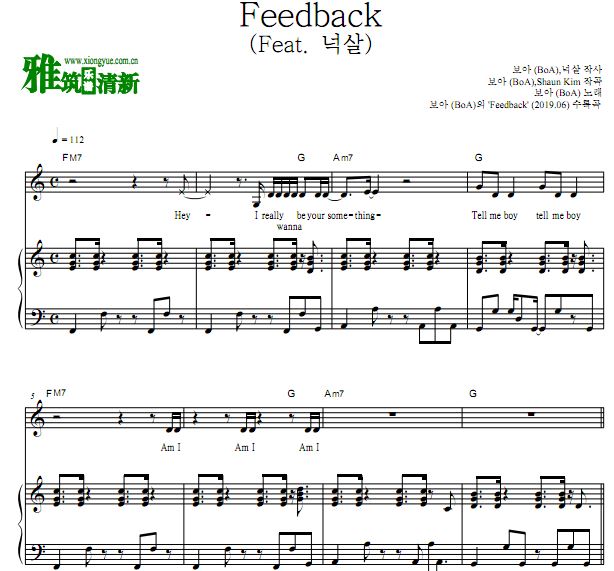 权宝儿 BoA - Feedback 弹唱钢琴谱 (Feat.Nucksal)