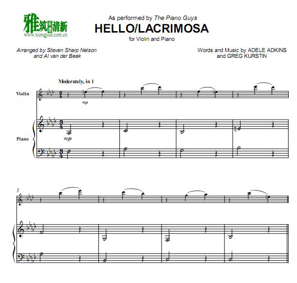 The Piano Guys版Hello  Lacrimosa小提琴钢琴重奏谱