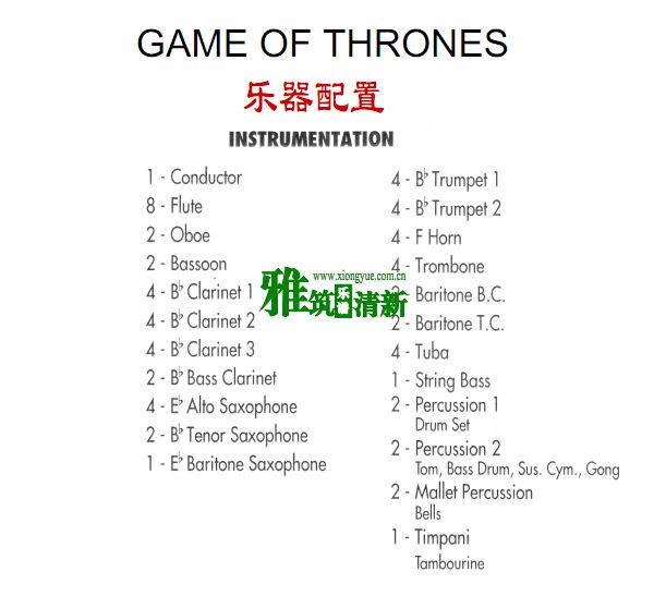 权力的游戏 Game Of Thrones交响管乐团谱 乐器编配
