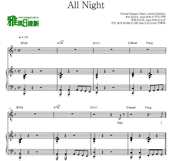 BTS - All Night 弹唱钢琴谱