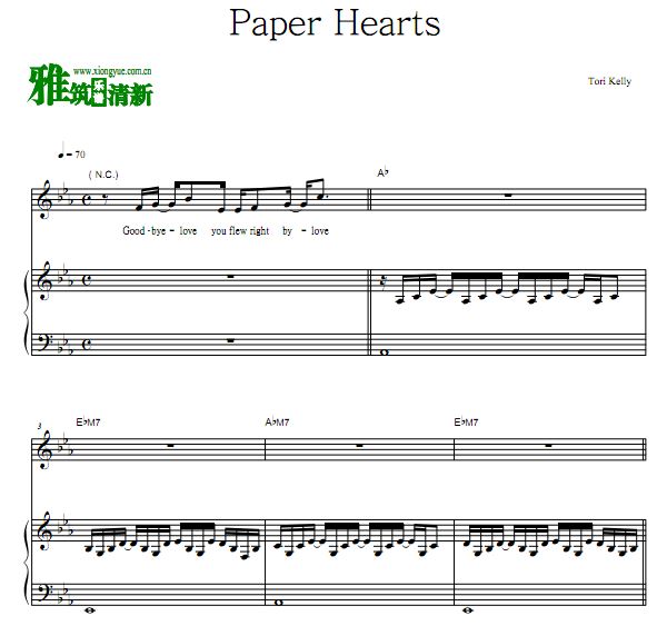 Tori Kelly - Paper Hearts 弹唱钢琴谱