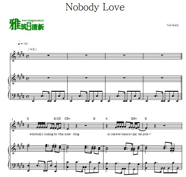 Tori Kelly - Nobody Love 钢琴伴奏谱