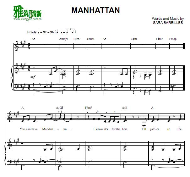 Sara Bareilles - Manhattan 歌谱 钢琴弹唱谱