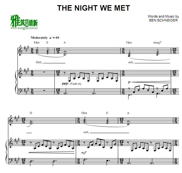 Lord Huron - The Night We Met钢琴伴奏谱