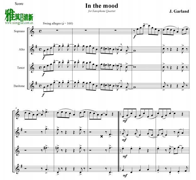 J. Garland - In the mood萨克斯四重奏谱