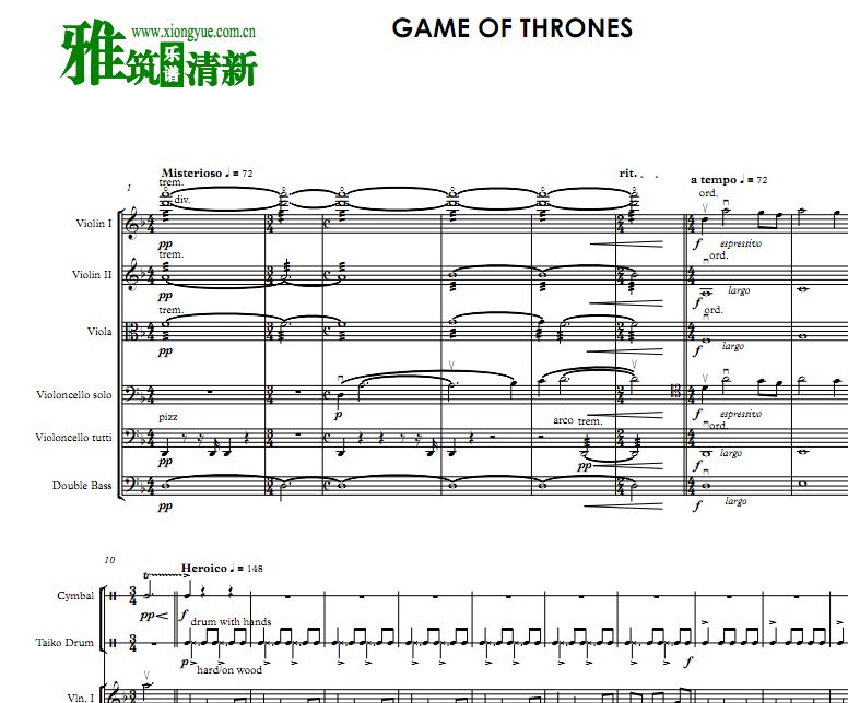 game of thrones 权力的游戏弦乐六重奏打击乐伴奏谱