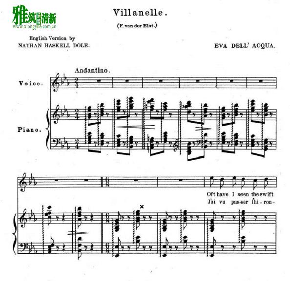 法国艺术歌曲燕子 Villanelle  降E大调 乐谱 钢琴伴奏谱
