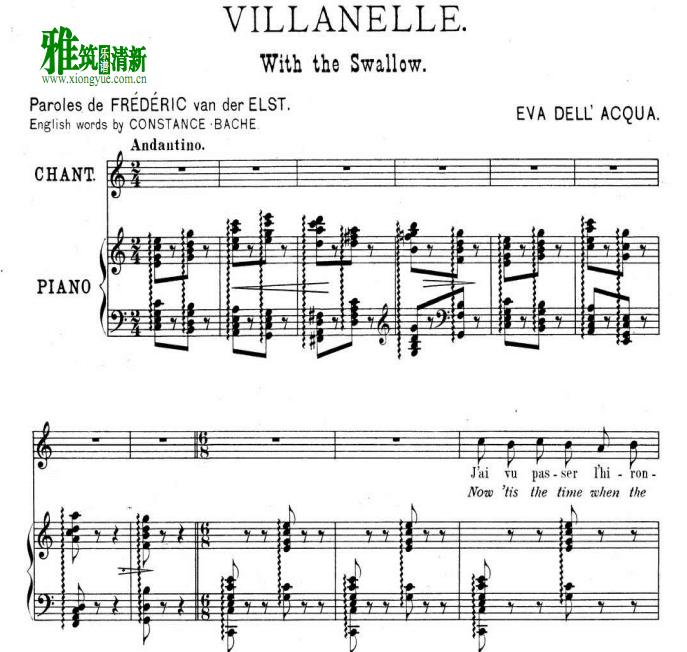 法国艺术歌曲 Eva Dell Acqua 燕子 Villanelle 乐谱