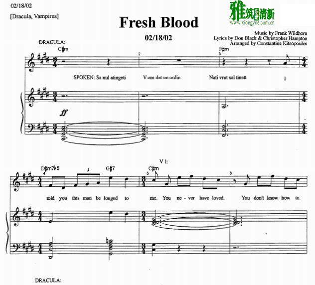 德古拉伯爵 FREESH BLOOD声乐谱 歌谱 正谱