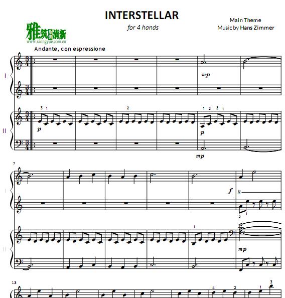 星际穿越 Interstellar主题曲四手联弹谱