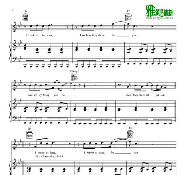 Coldplay - Yellow 钢琴伴奏谱