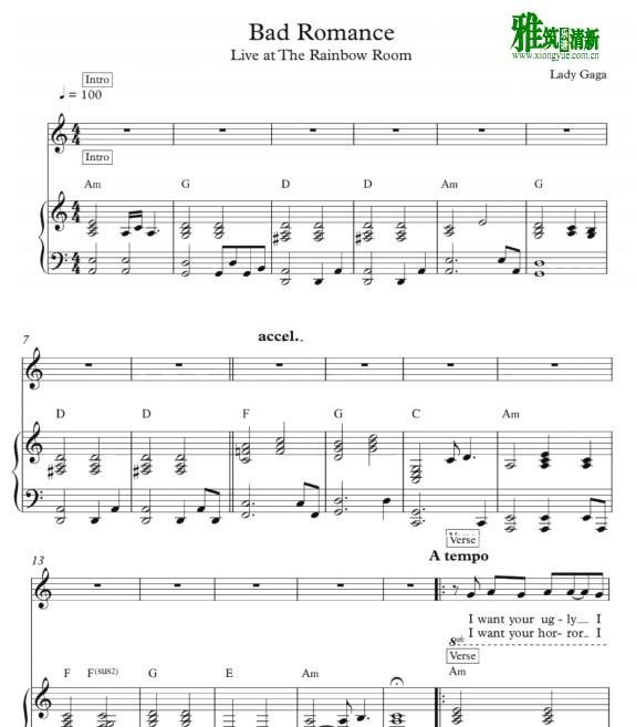 Lady gaga - Bad Romance钢琴伴奏谱 - Live at Rainbow Room