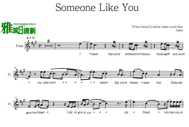 阿黛尔 Someone Like You 长笛独奏谱