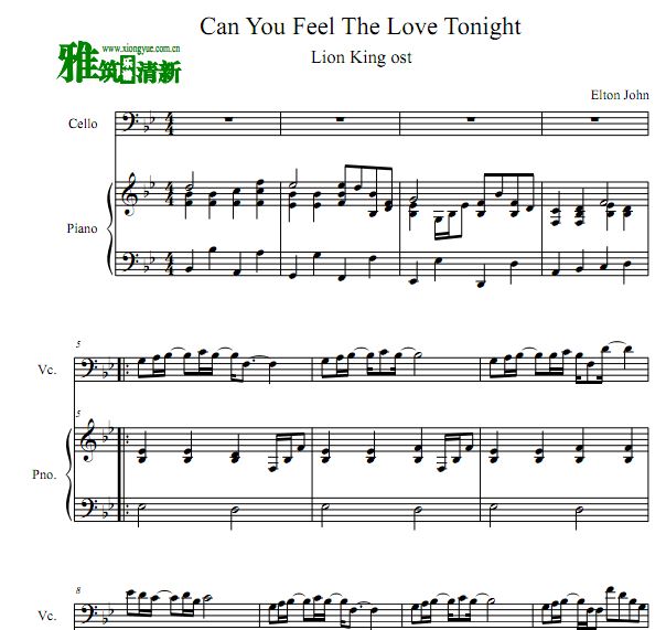 can you feel the love tonight 狮子王大提琴钢琴合奏谱