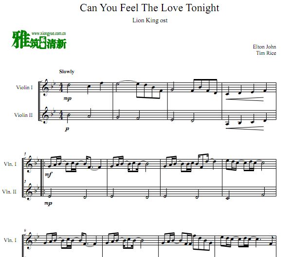 狮子王can you feel the love tonight 双小提琴重奏谱
