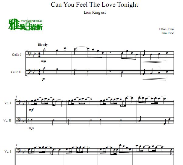 狮子王 can you feel the love tonight 双大提琴二重奏谱