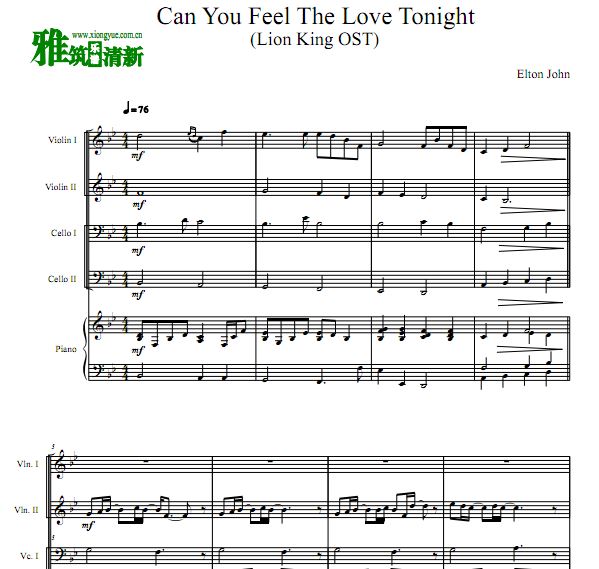 Can You Feel the Love Tonight钢琴五重奏谱 双小提双大提钢琴