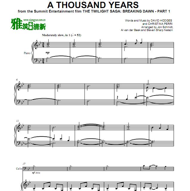 Piano Guys - A Thousand Years大提琴钢琴二重奏谱