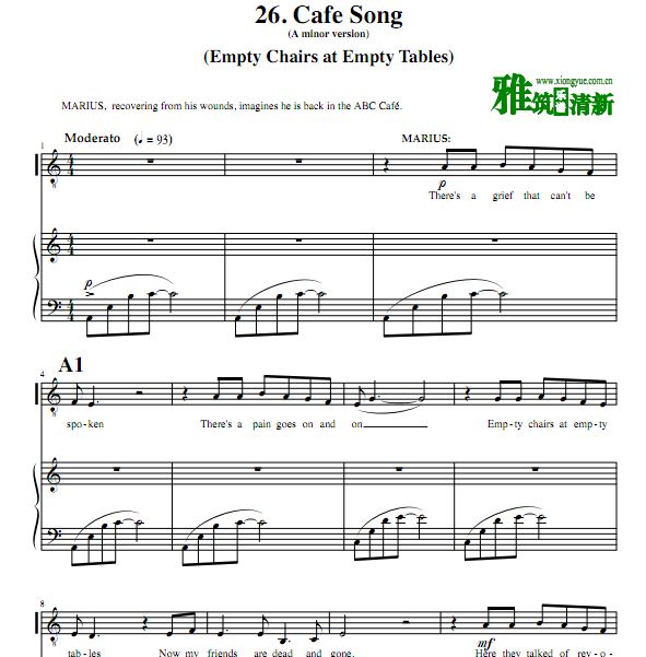悲惨世界 Cafe Song声乐钢琴伴奏谱(A调)