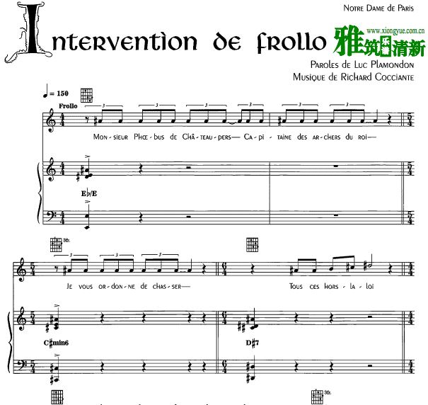 巴黎圣母院声乐谱 Intervention De Frollo 弗侯洛的介入声乐谱钢琴伴奏谱