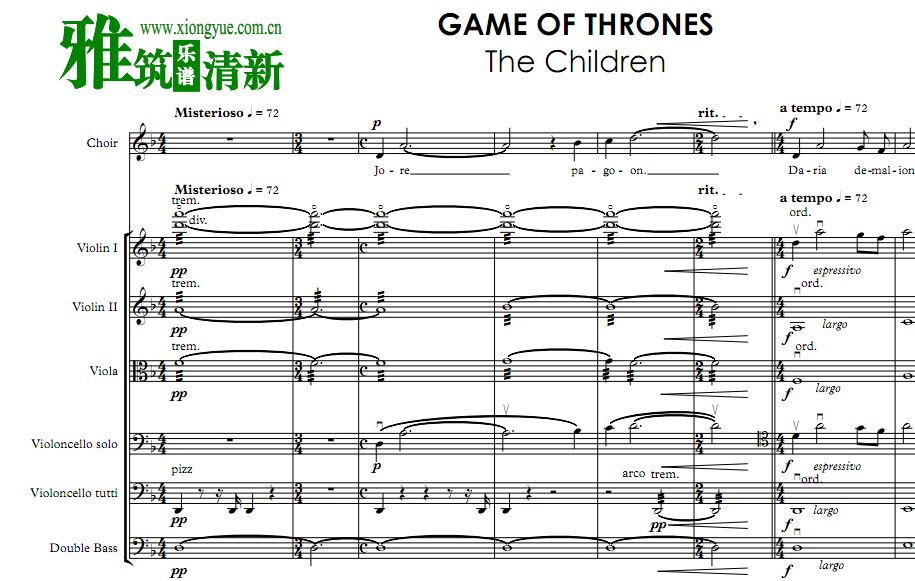 权力的游戏 Game of thrones童声合唱谱弦乐重奏打击乐伴奏谱