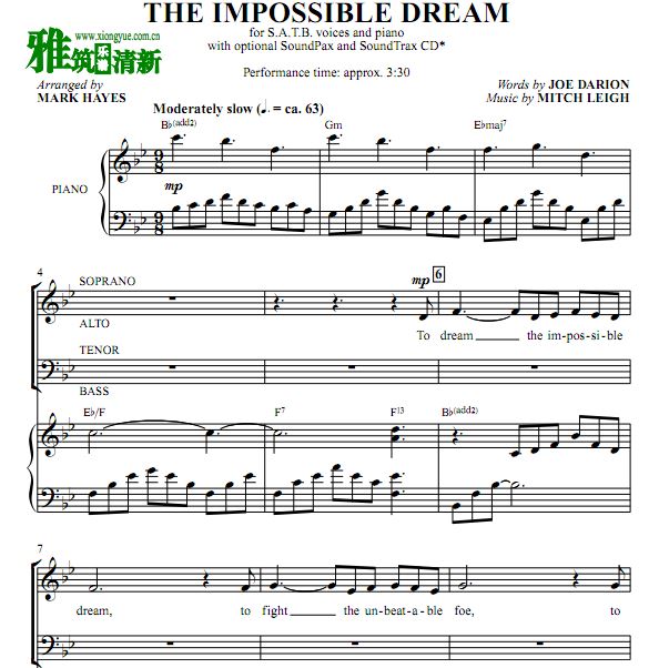 man of la mancha - The Impossible Dream四声部合唱钢琴伴奏谱