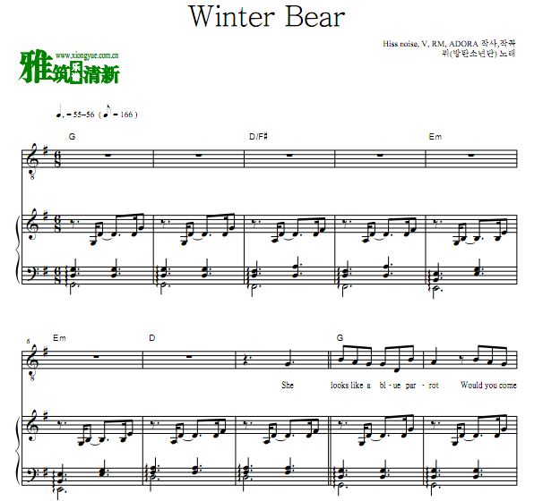 金泰亨(BTS V) Winter Bear 原版钢琴弹唱歌谱