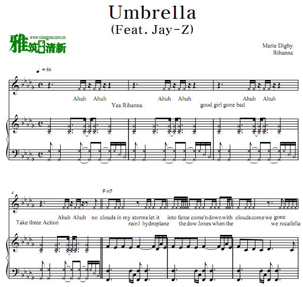 蕾哈娜 Rihanna - Umbrella 弹唱钢琴谱