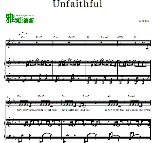 蕾哈娜 Rihanna - Unfaithful 钢琴弹唱歌谱