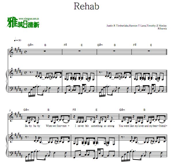 蕾哈娜 Rihanna - Rehab钢琴弹唱谱 原版歌谱