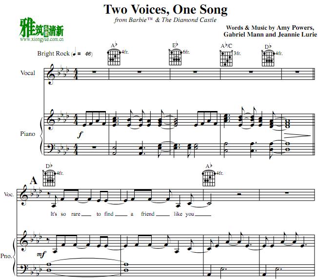 芭比之钻石城堡 two voice one song歌谱 正谱