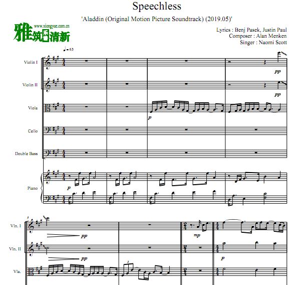 阿拉丁2019 Speechles双小提中提大提低音提琴钢琴六重奏谱
