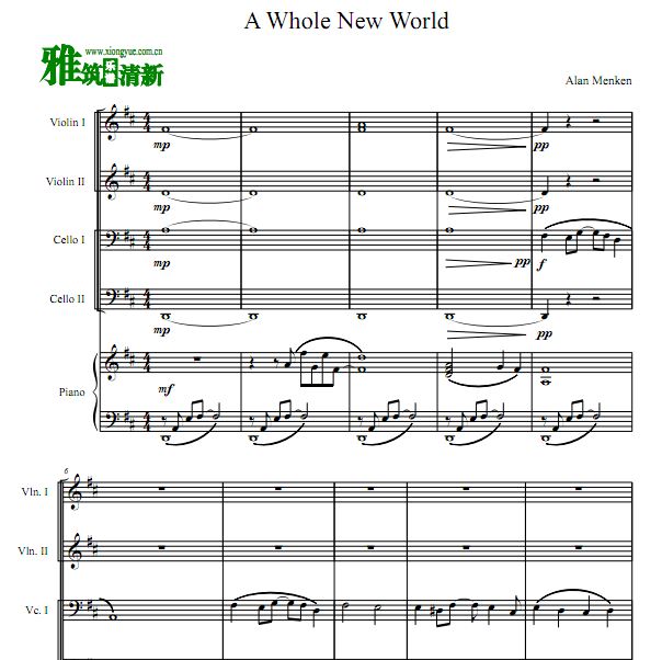 阿拉丁 A Whole New World弦乐钢琴五重奏谱 双小提双大提钢琴合奏谱