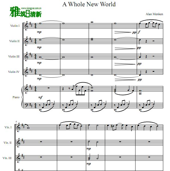 阿拉丁主题曲A Whole New World小提琴钢琴五重奏谱