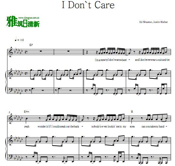 Justin Bieber,Ed Sheeran - I Don't Care歌谱 弹唱钢琴谱