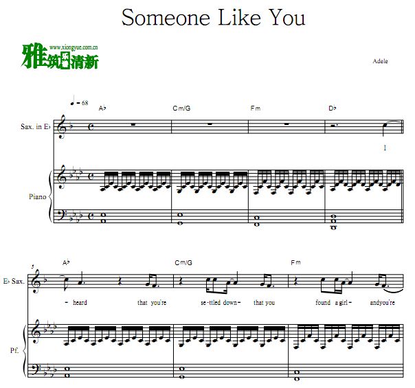 Adele - Someone Like You降E萨克斯钢琴合奏谱