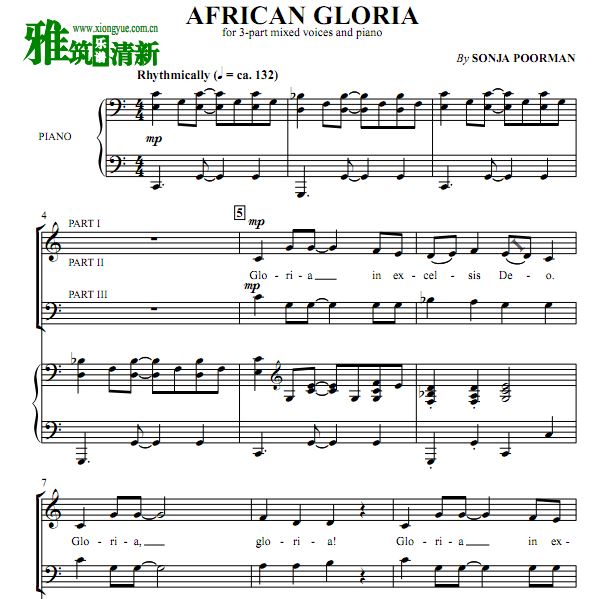 African Gloria[普尔曼编配]合唱谱 by Sonja Poorman三部混声合唱谱