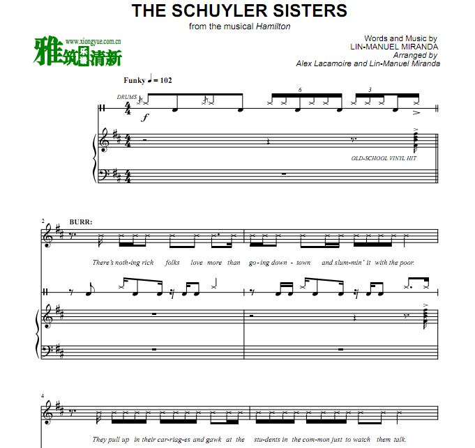 汉密尔顿 Hamilton - The Schuyler Sisters声乐谱 钢琴伴奏谱