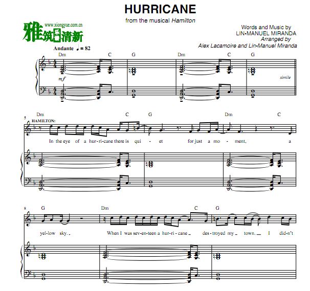 汉密尔顿 Hamilton - Hurricane 声乐谱 伴奏钢琴谱